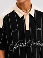 Vertu Fashion Pinstripe Polo T-Shirt – Black  & Beige
