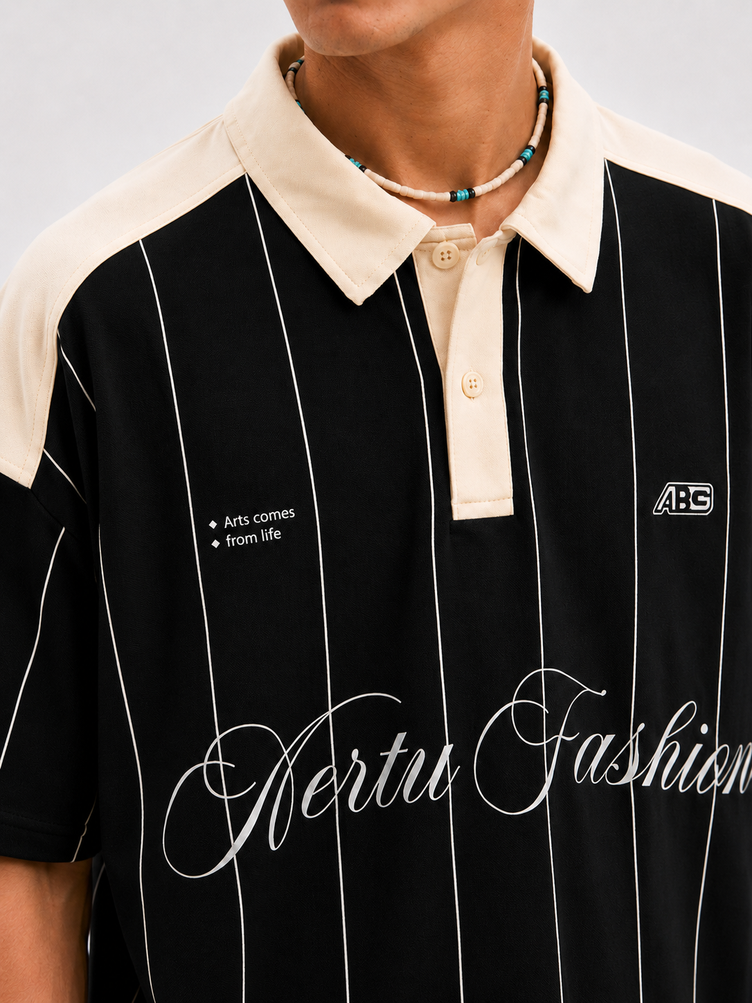 Vertu Fashion Pinstripe Polo T-Shirt – Black  & Beige