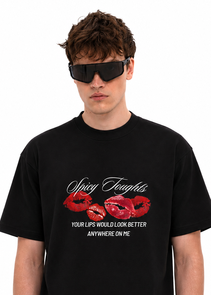 Spicy Thoughts Lip Print Graphic T-Shirt – Black