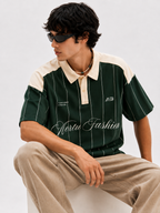 Vertu Fashion Pinstripe Polo T-Shirt – Dark Green & Beige