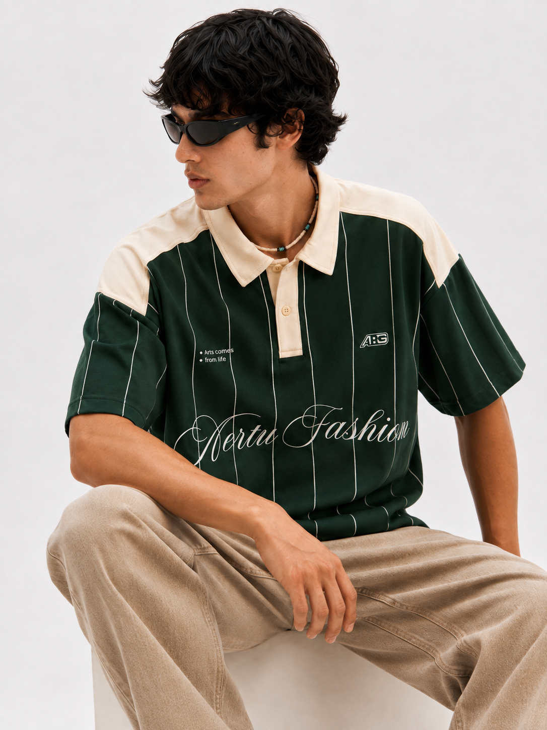 Vertu Fashion Pinstripe Polo T-Shirt – Dark Green & Beige