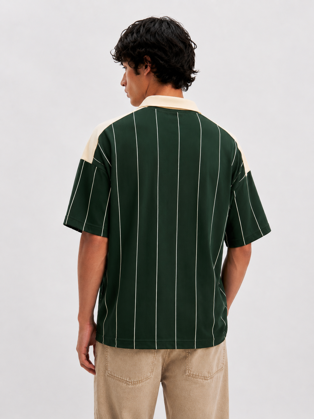 Vertu Fashion Pinstripe Polo T-Shirt – Dark Green & Beige