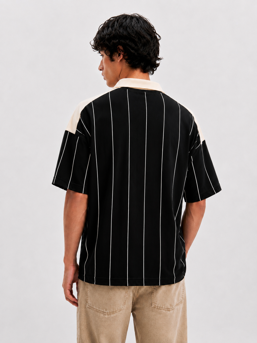 Vertu Fashion Pinstripe Polo T-Shirt – Black  & Beige