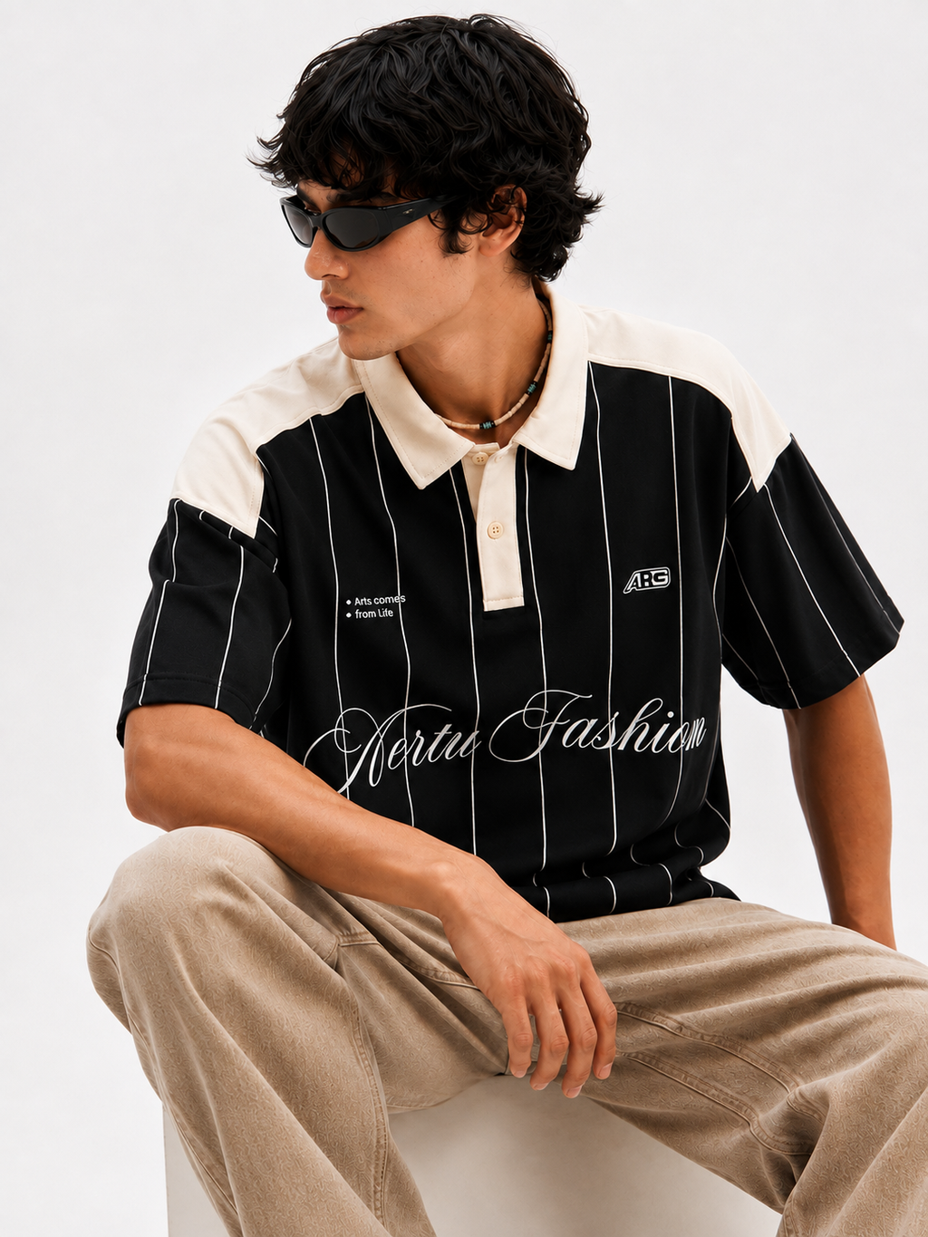 Vertu Fashion Pinstripe Polo T-Shirt – Black  & Beige
