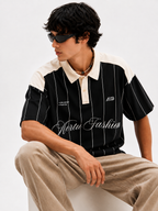 Vertu Fashion Pinstripe Polo T-Shirt – Black  & Beige