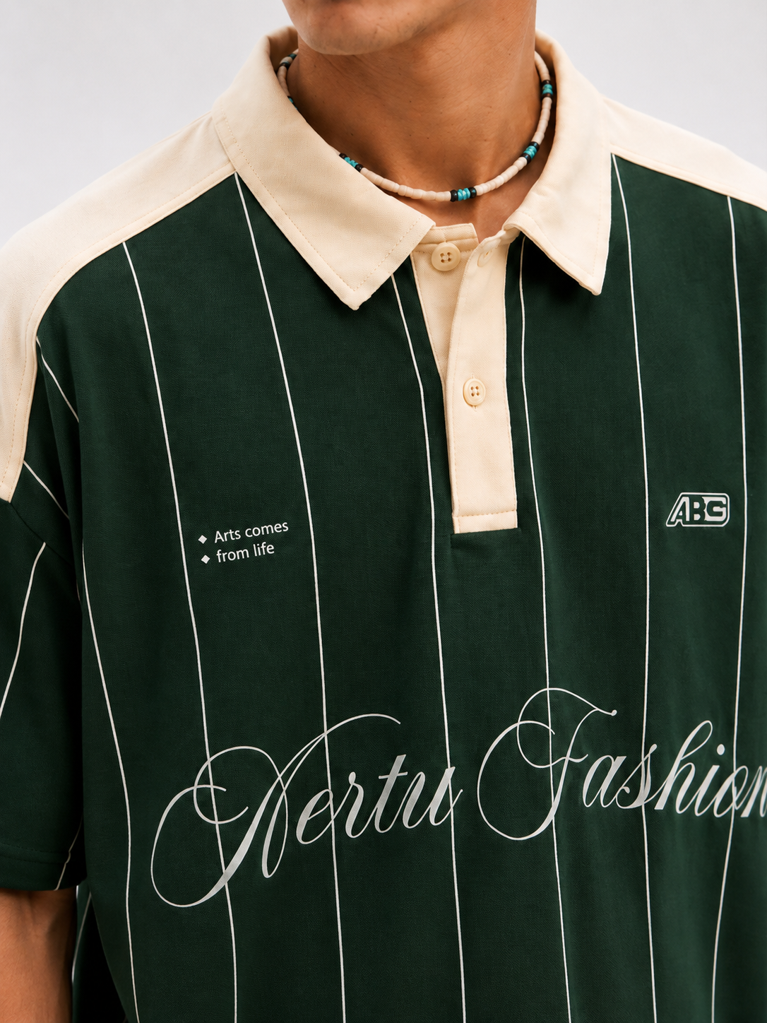 Vertu Fashion Pinstripe Polo T-Shirt – Dark Green & Beige