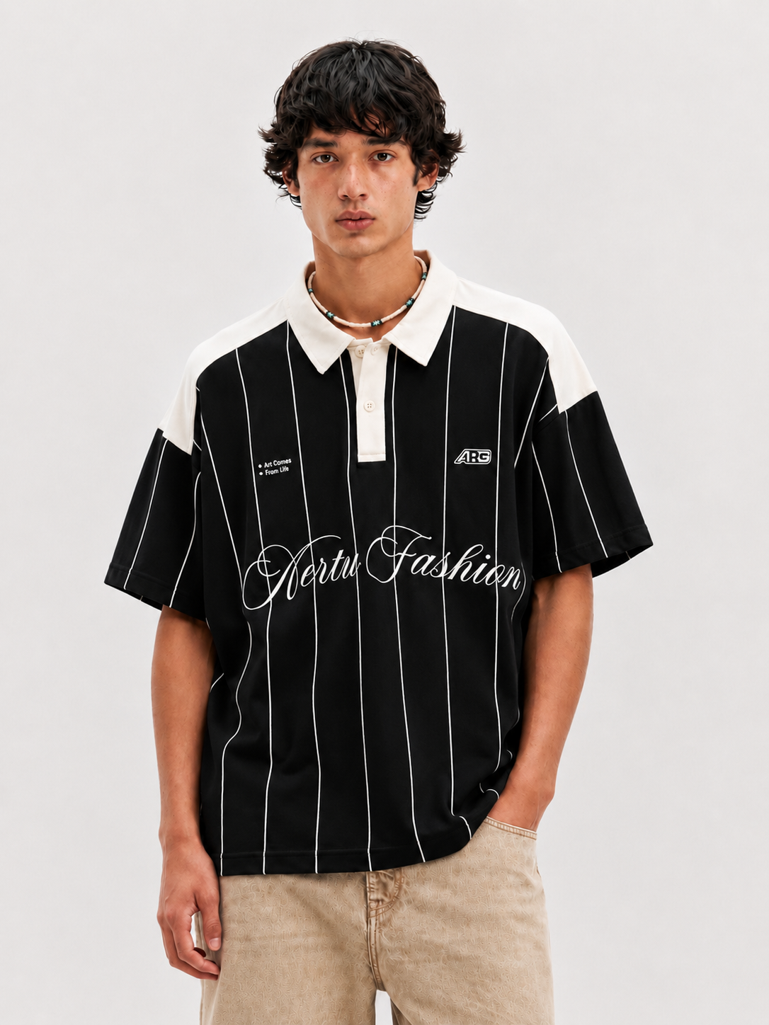 Vertu Fashion Pinstripe Polo T-Shirt – Black  & Beige