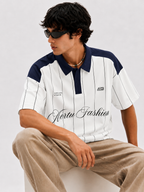 Vertu Fashion Pinstripe Polo T-Shirt – Navy Blue & White